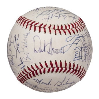 1984 Kansas City Royals Team Signed OAL Brown Baseball With 28 Signatures Including Brett, Saberhagen & Quisenberry (Beckett)